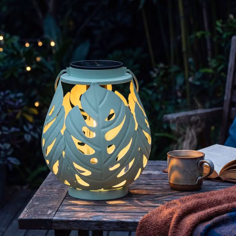 Lanterna solare con decorazioni a foglie di Monstera, luce bianco caldo, metallo, 22x19 cm