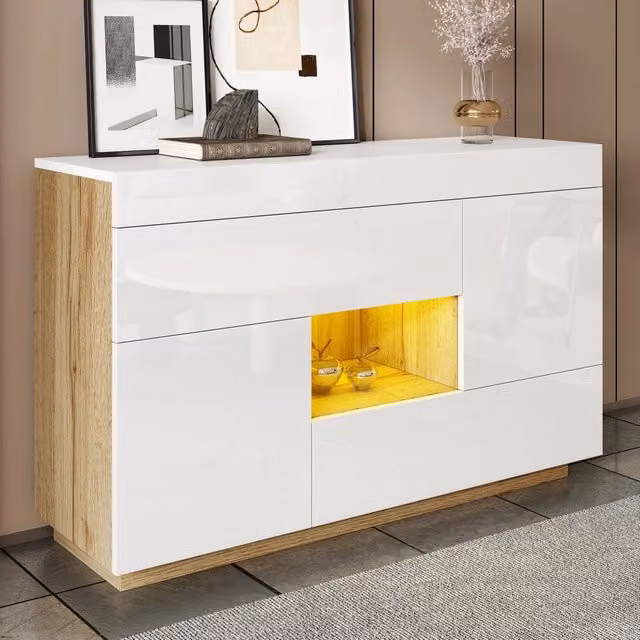 Sideboard Vetrina con LED a Cambio Colore e Cassetti, Finitura Lucida