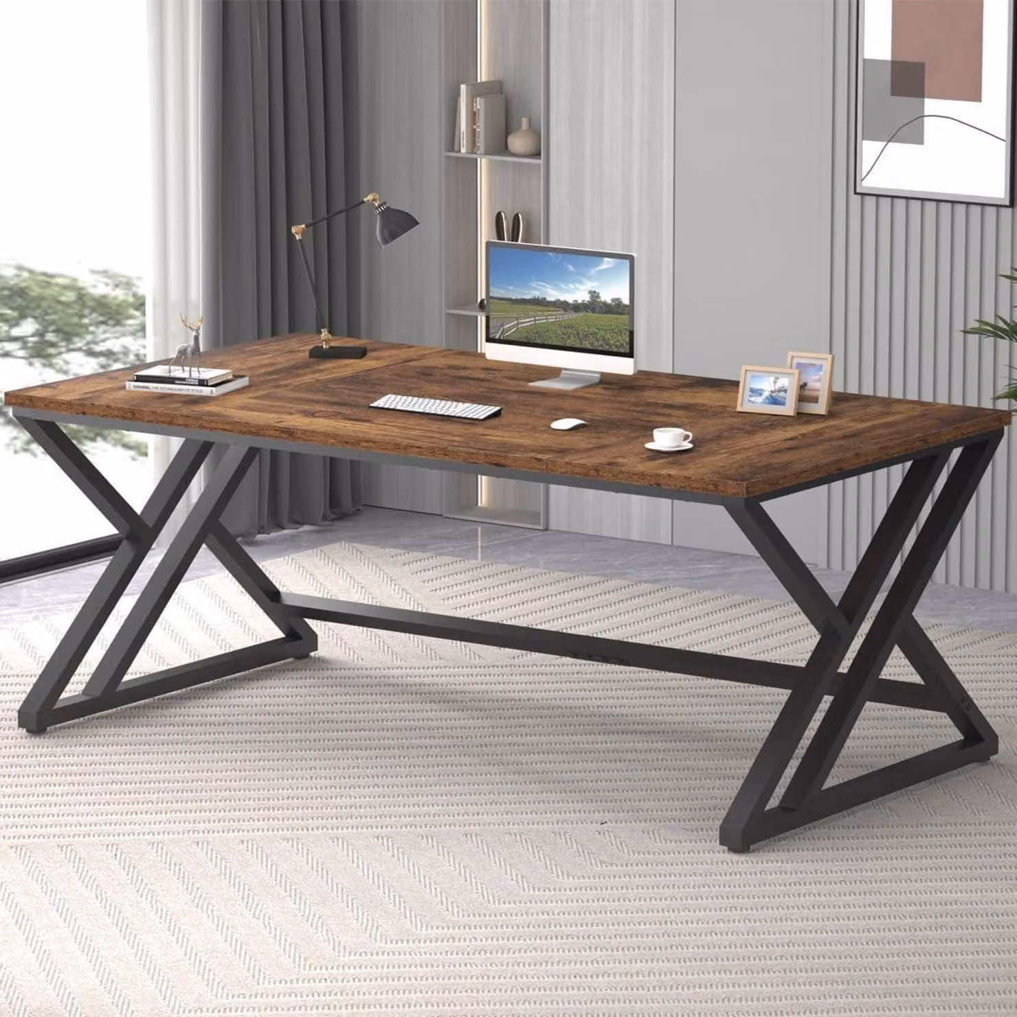 Scrivania, tavolo per computer, legno e metallo, 180 cm, colore vintage marrone-nero, impiallacciatura di quercia nera