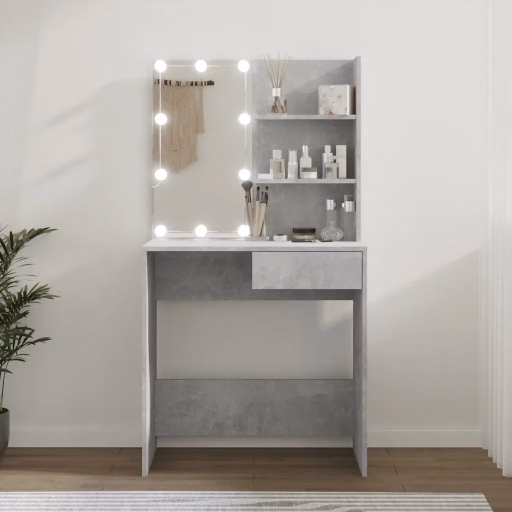 Toeletta Hollywood LED con Tavolo da Trucco Grigio Cemento L: 74,5 cm, P: 40 cm, H: 141 cm – 2