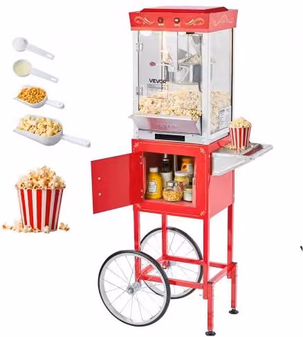 Macchina per Popcorn VEVOR con Carrello in Acciaio Inox e Parete in Vetro, 800 W, Rosso