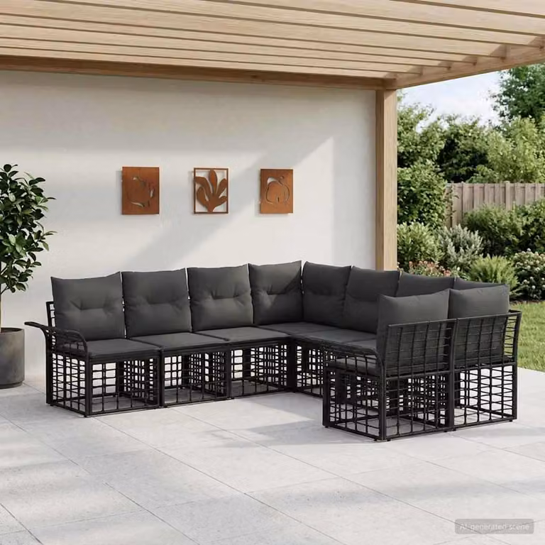 vidaXL Set di divani da esterno a forma di U composto da 8 pezzi, colore nero e grigio, con struttura in acciaio verniciato a polvere e cuscini inclusi