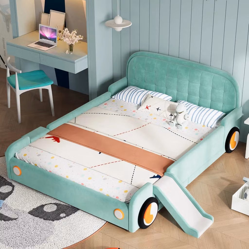 Letto singolo rialzato MIVRAY per bambini a forma di auto con scivolo e scala, rivestito in velluto blu e verde, L/P/H: 200 x 140 x 86 cm – 2