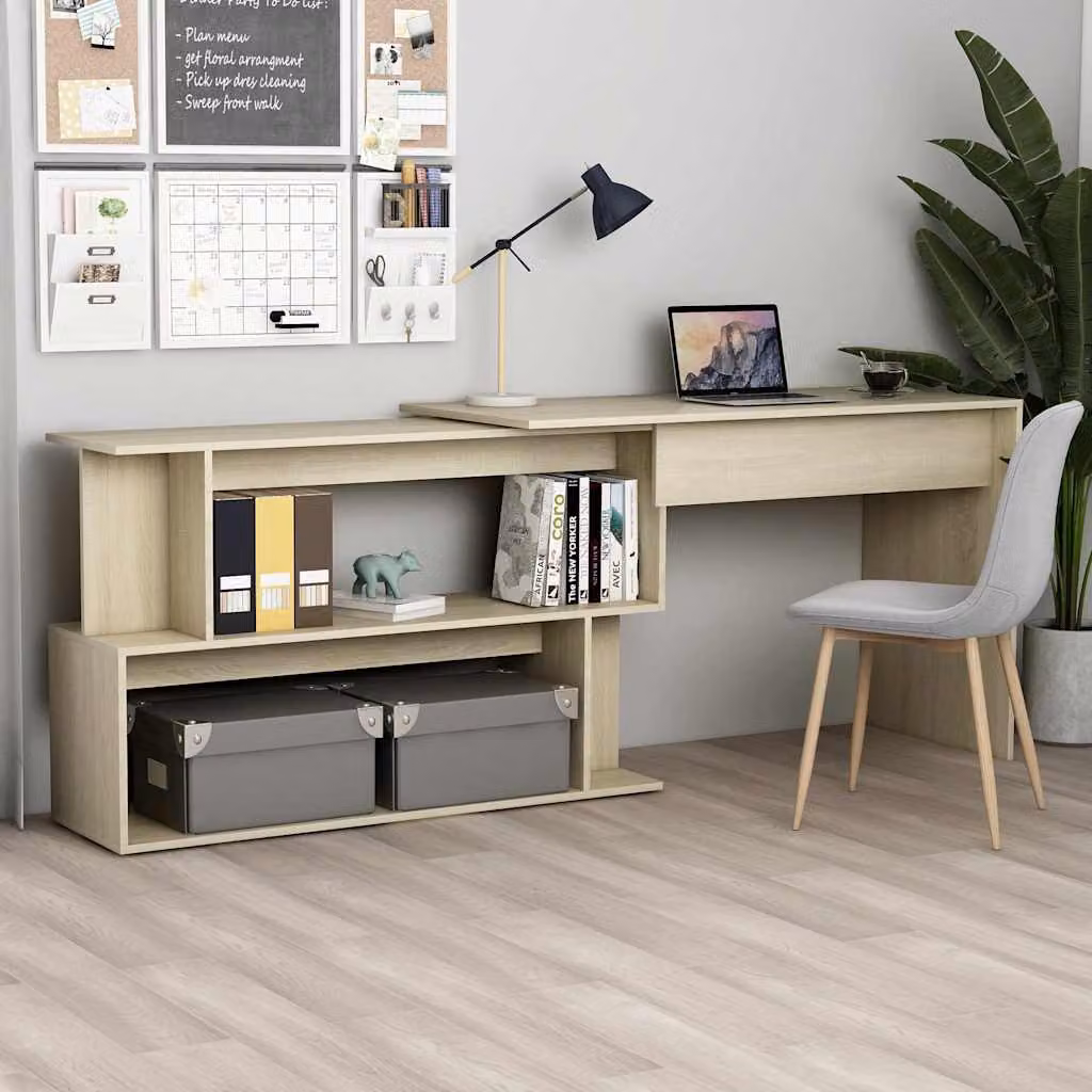 Scrivania angolare moderna vidaXL in legno e MDF color rovere, L: 200 cm, P: 50 cm, H: 76 cm