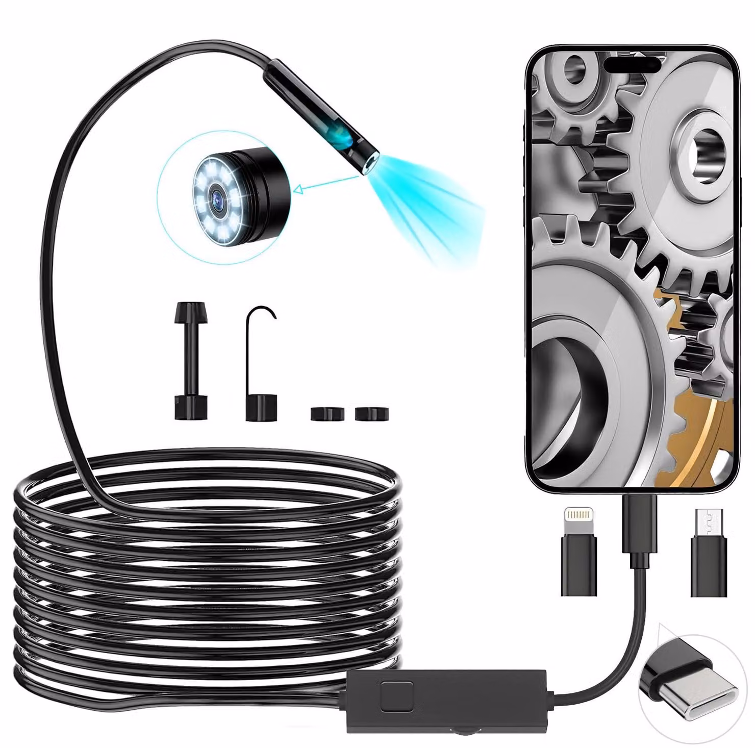 POWZOO, endoscopio con doppia lente, cavo semirigido da 5 metri, grado di protezione IP67, risoluzione HD 1920