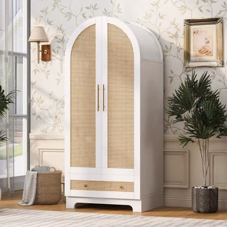 Armadio – Armadio indipendente – 70 x 55 x 170 cm – Doppie ante – Ante in rattan sintetico – Cassetti – Diversi scomparti – Bianco