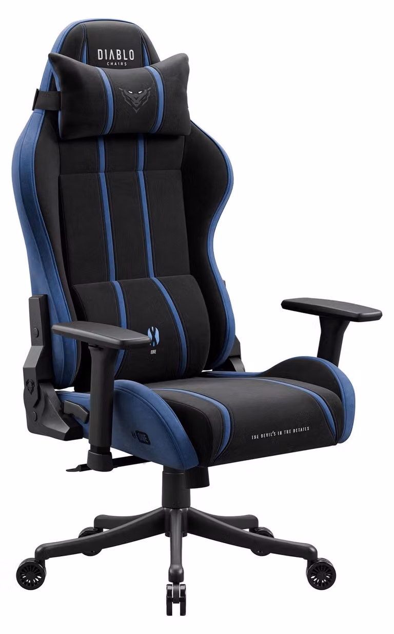 Sedia da gaming Diablo Chairs X-One 2.0 in tessuto, sedia da ufficio ergonomica, sedia girevole nera e blu, taglia Small