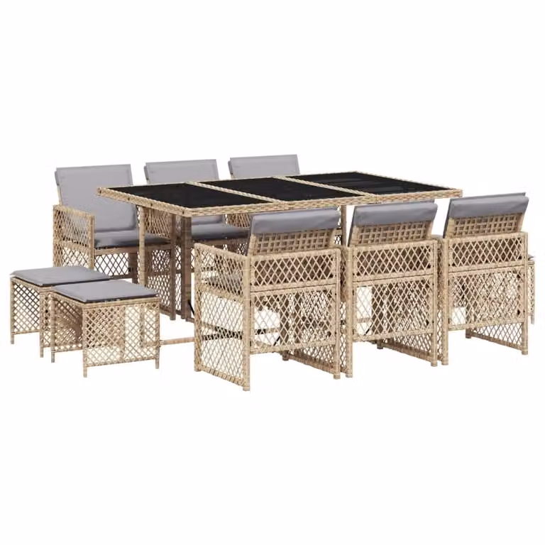 Set da Pranzo da Giardino 11 pz con Cuscini Beige in Polyrattan