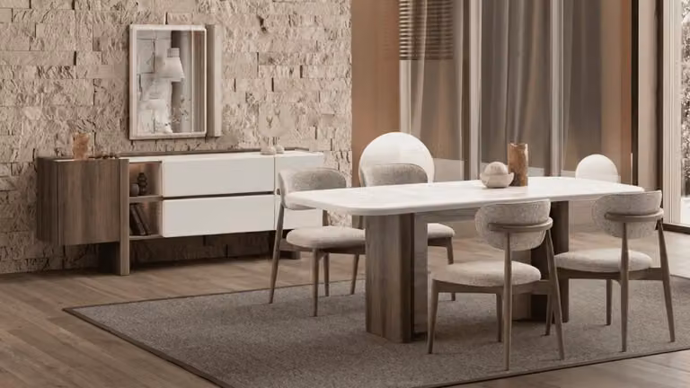 Set da pranzo beige-marrone: tavolo da pranzo, sedie da pranzo, credenza, specchio. Stile moderno