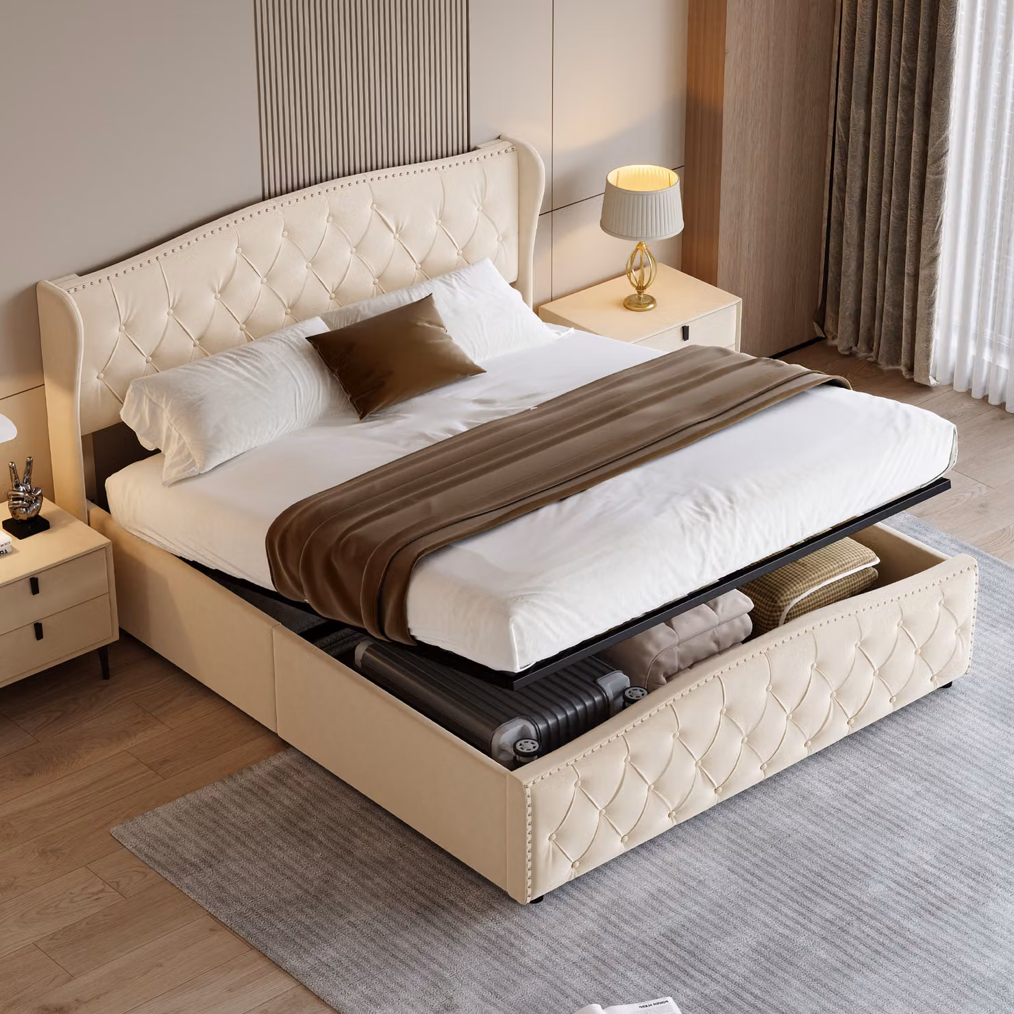 Letto imbottito 160x200cm con rete a doghe, letto a molle idrauliche con rete e contenitore, letto matrimoniale in velluto con contenitore letto funzionale, beige