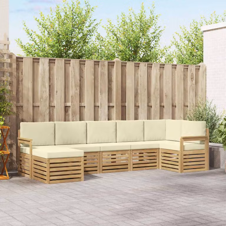 vidaXL Set di divani da esterno a L in legno di acacia con cuscini, Bianco e Beige