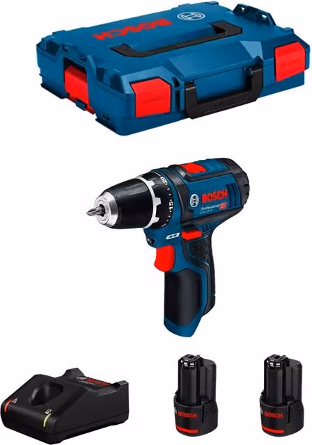 Trapano Avvitatore Bosch GSR 12V-15 Blu con 2 batterie da 3,0 Ah, caricabatterie GAL12V-40 e L-Boxx 102