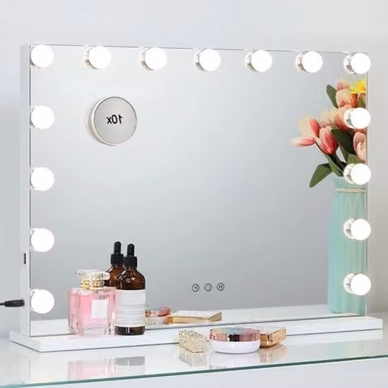 Specchio per Trucco con Illuminazione - 44,5 x 58 cm - Senza Bordeggio - 15 Lampade LED - Con 3 Livelli di Luce - Bianco