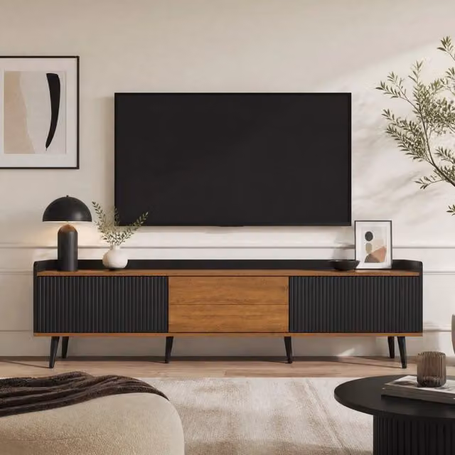 Mobile TV REDOM con 3 ante, design moderno in MDF e legno, colore Nero e Naturale, L 160 cm x P 39 cm x H 49,5 cm