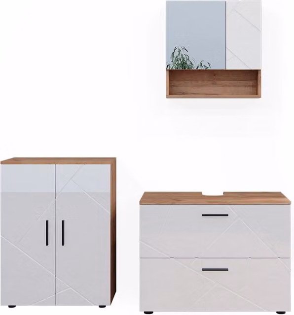 Set di mobili da bagno Irma Bianco lucido/Rovere dorato 3 pezzi Vicco
