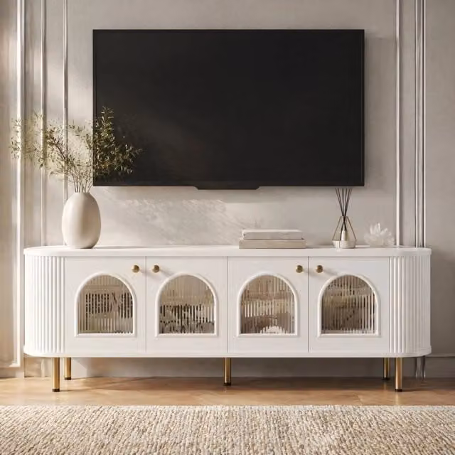 Mobile porta TV con 4 ante in vetro 170x35x55 cm in MDF bianco e oro
