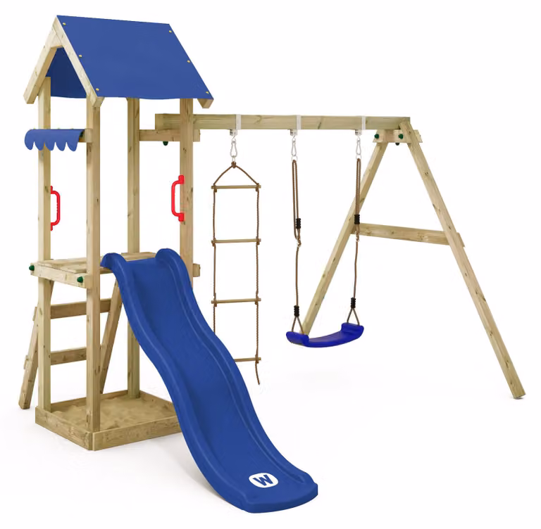 Torre giochi Wickey TinyCabin con altalena e sabbiera in blu