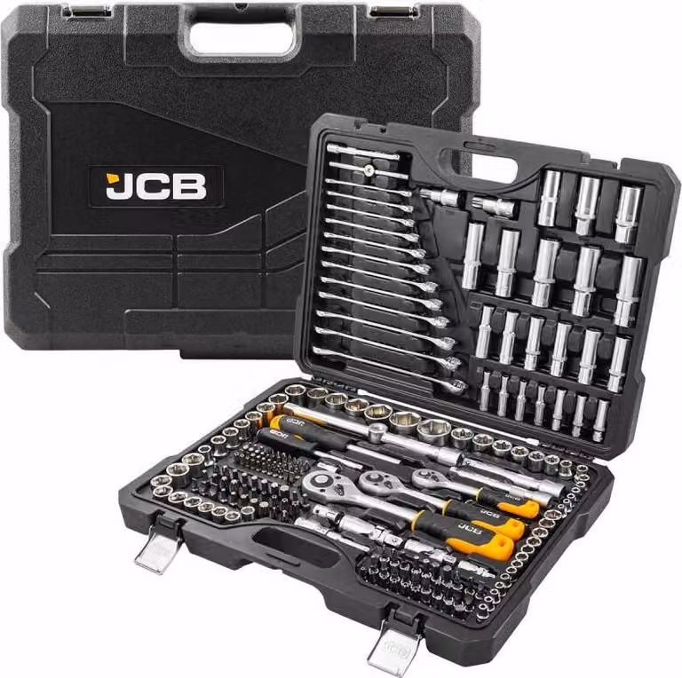 JCB | Set di chiavi a bussola, 218 pezzi, acciaio al cromo vanadio, 1/4", 3/8", 1/2", custodia a cricchetto, bussole esagonali, cricchetto reversibile