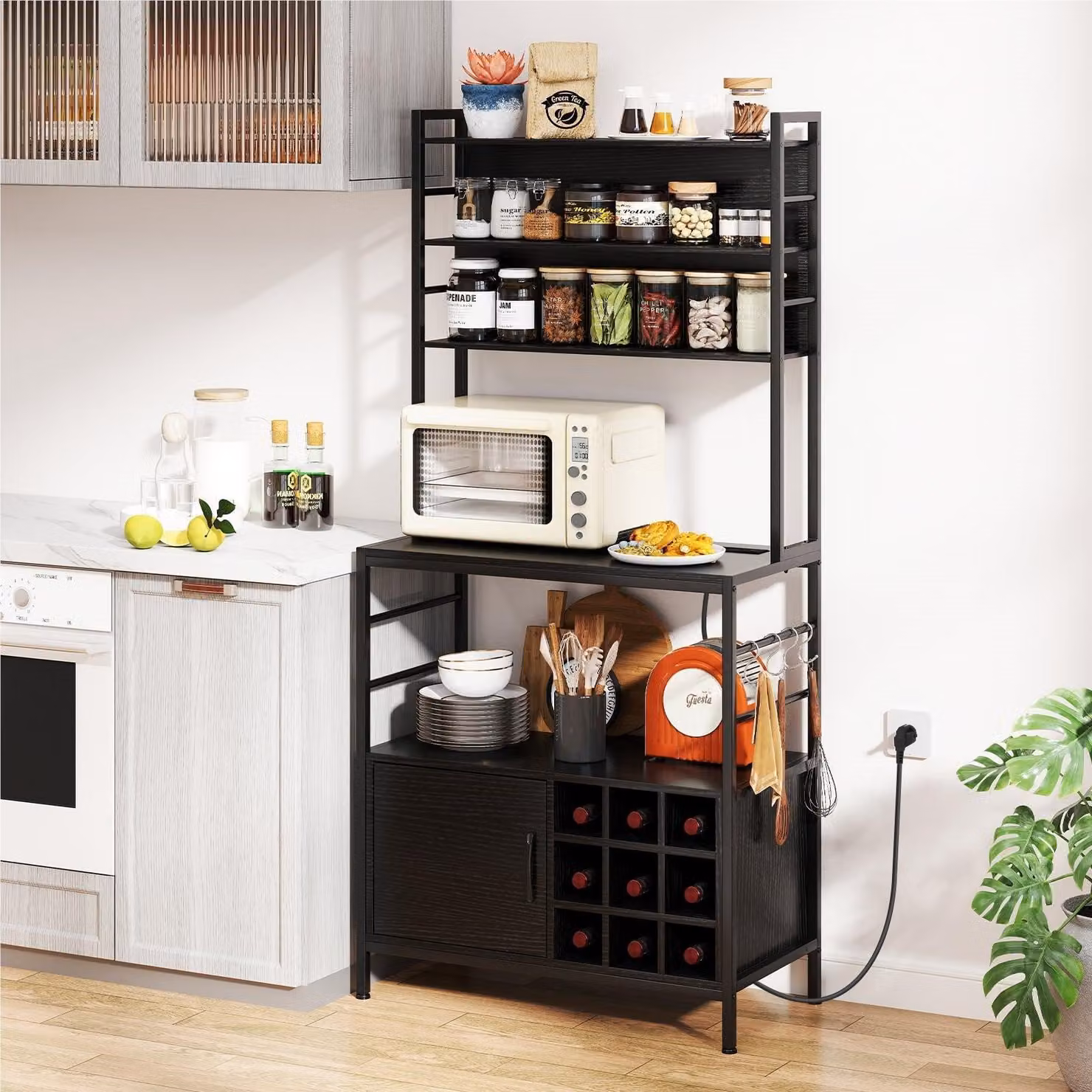 Armadio da cucina - Scaffale da cucina - Porta vini - Mobile contenitore - Ripiano per pane - Presa di corrente e porta USB integrati
