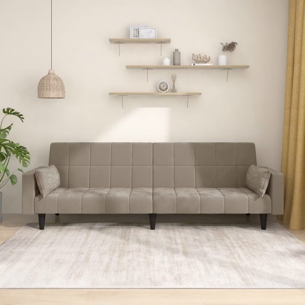 vidaXL Divano Letto Click-Clack a 2 Posti in Velluto Grigio con Cuscini e Struttura in Legno Massiccio L: 220 cm, P: 84,5 cm, H: 69 cm