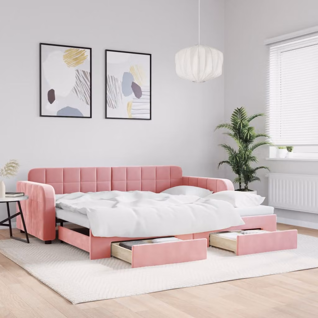 vidaXL Divano Letto Estraibile con Cassetti in Velluto Rosa L/P/H: 224 x 90 x 100 cm