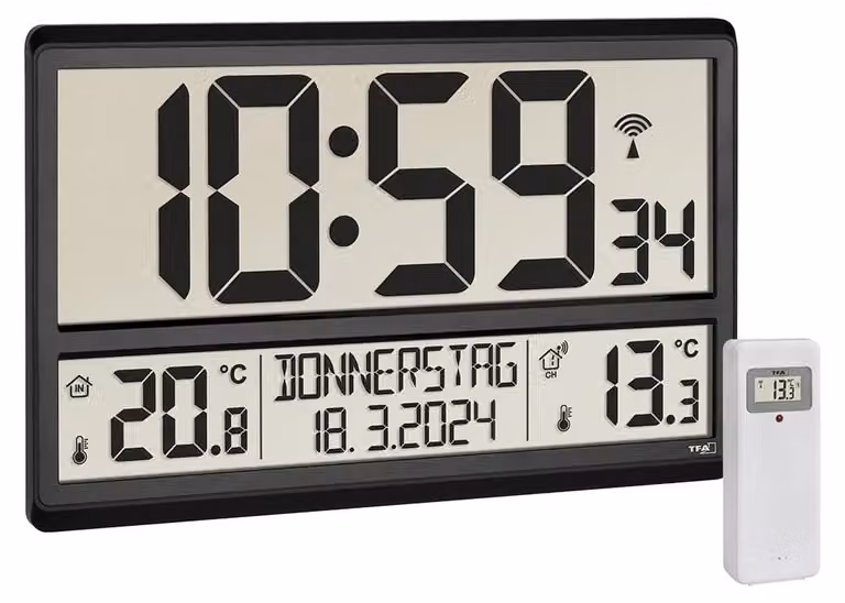 Orologio da parete digitale, radio-orologio, con indicazione della temperatura, sveglia, colore nero, dimensioni 360x235x28 mm