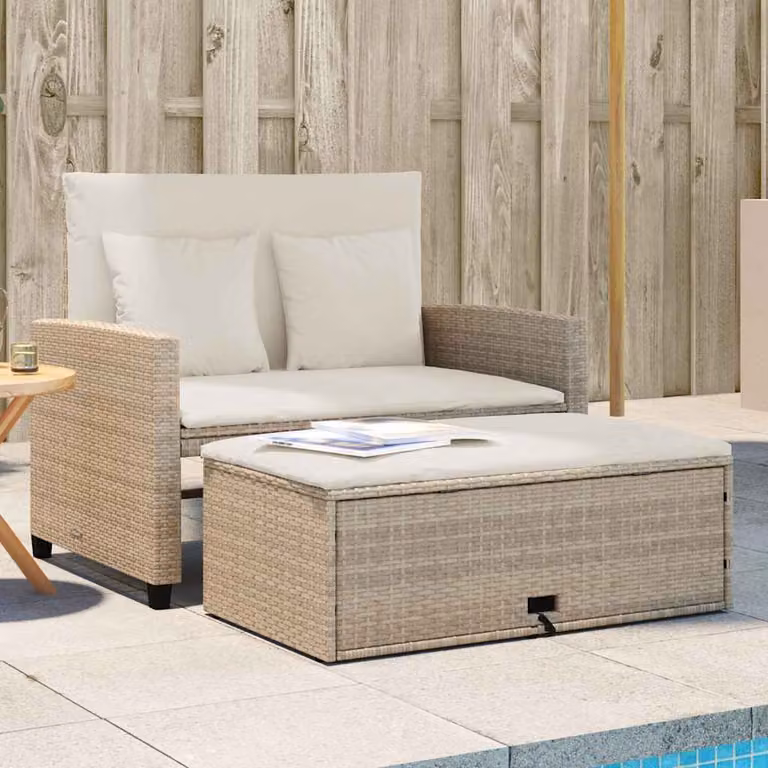 vidaXL Divano da giardino a 2 posti in polyrattan beige con cuscini e pouf coordinato