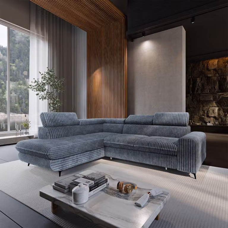 Divano angolare VELISS con meccanismo letto, modello a L, divano con contenitore per biancheria da letto, divano per il soggiorno, divano letto, divano, set di divani - Grigio, TILIA 85