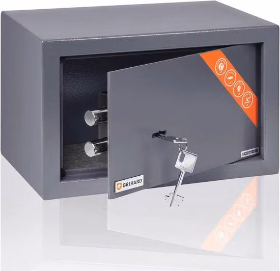 Cassaforte per la Casa (20x31x20cm) - Cassaforte con Chiave - Cassaforte con Doppia Bloccatura - Cassaforte Antincendio e Antisfondamento - Cassaforte Privata - Bloccatura con Doppia Viti - Colore Grigio