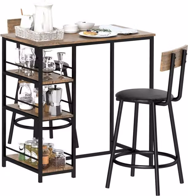 Set Tavolo da Pranzo Xylo con 2 Sedie in MDF e Metallo Nero con Ripiani Laterali e Colore Marrone
