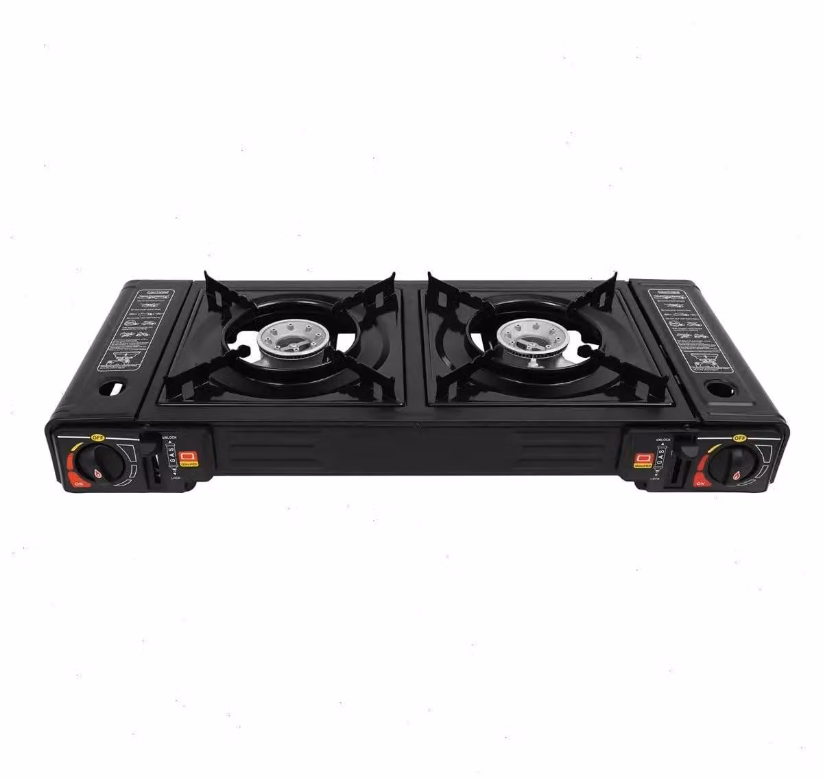 Fornello da campeggio a gas - Griglia da tavolo a 2 fuochi - Potenza elevata: 2 x 2500W - Piastra grill antiaderente - Adatto per butano/gas liquido - Con custodia per il trasporto - Colore: nero