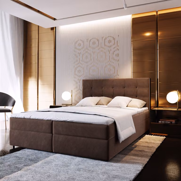 Letto a molle Masseno GLOS 140x200 cm completo di materasso e topper Bonell, letto imbottito con cassettiere - marrone, COSMIC 800