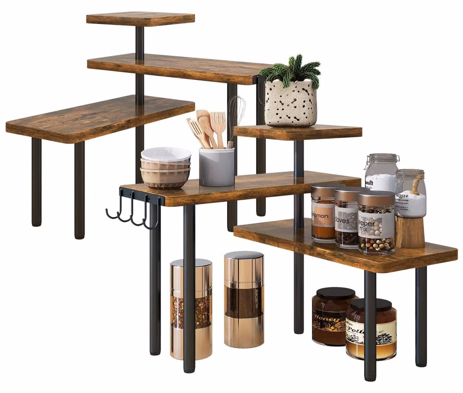 Organizzatore da cucina a 3 livelli con ripiano angolare e 4 ganci, colore marrone rustico
