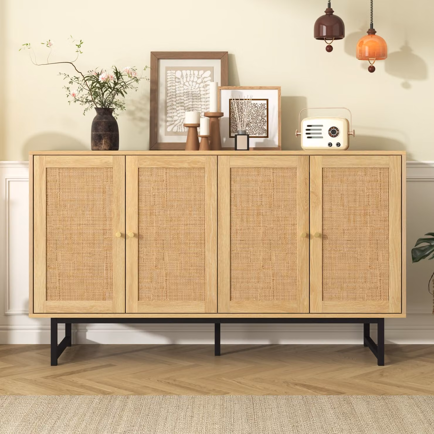 MERAX credenza a 4 ante in rattan mobile contenitore credenza in rattan wicker cassettiera ad ante, larghezza:140cm
