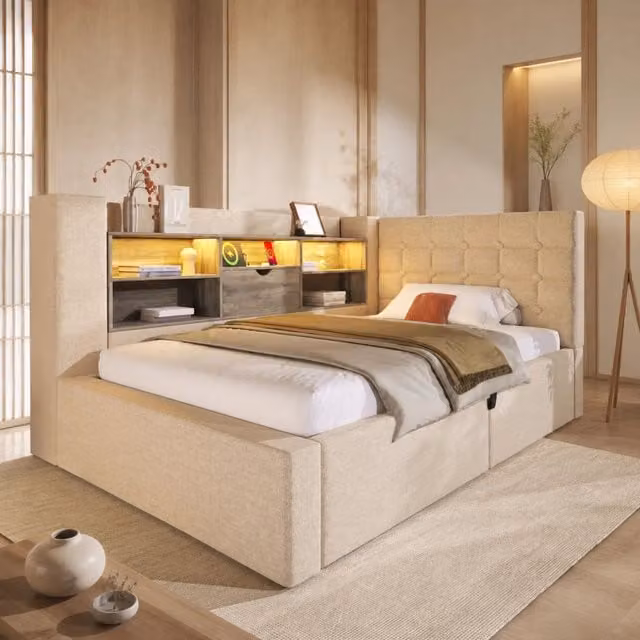 Letto singolo imbottito 90 × 190 cm con vano contenitore LED e ricarica USB in lino beige con rete a doghe