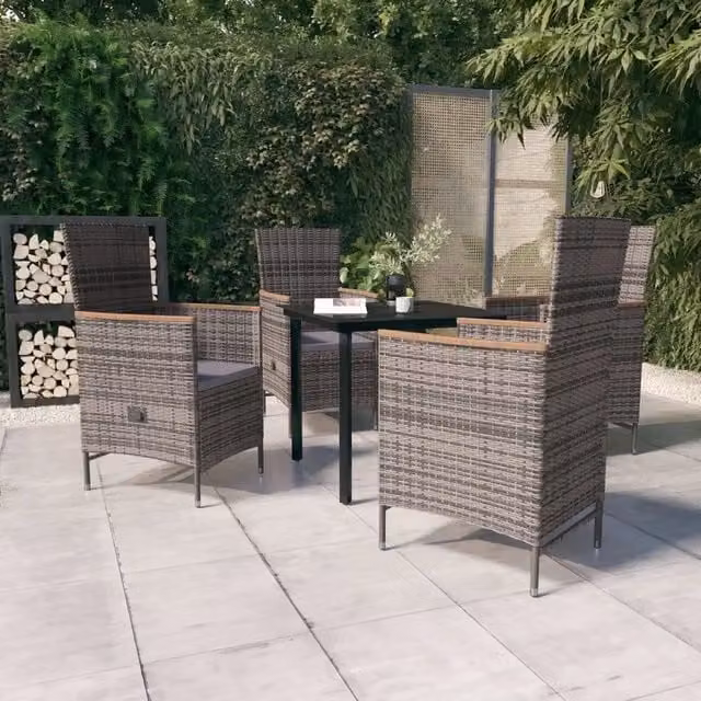 Set da pranzo da giardino vidaXL in polyrattan con tavolo in vetro e acacia, 5 pezzi, nero e grigio – 1