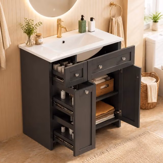 Mobile lavabo bagno nero 76x47x86 cm, laccato, con lavandino in ceramica a tenuta stagna, 3 cassetti e 1 anta, cerniere e guide soft-close silenziose