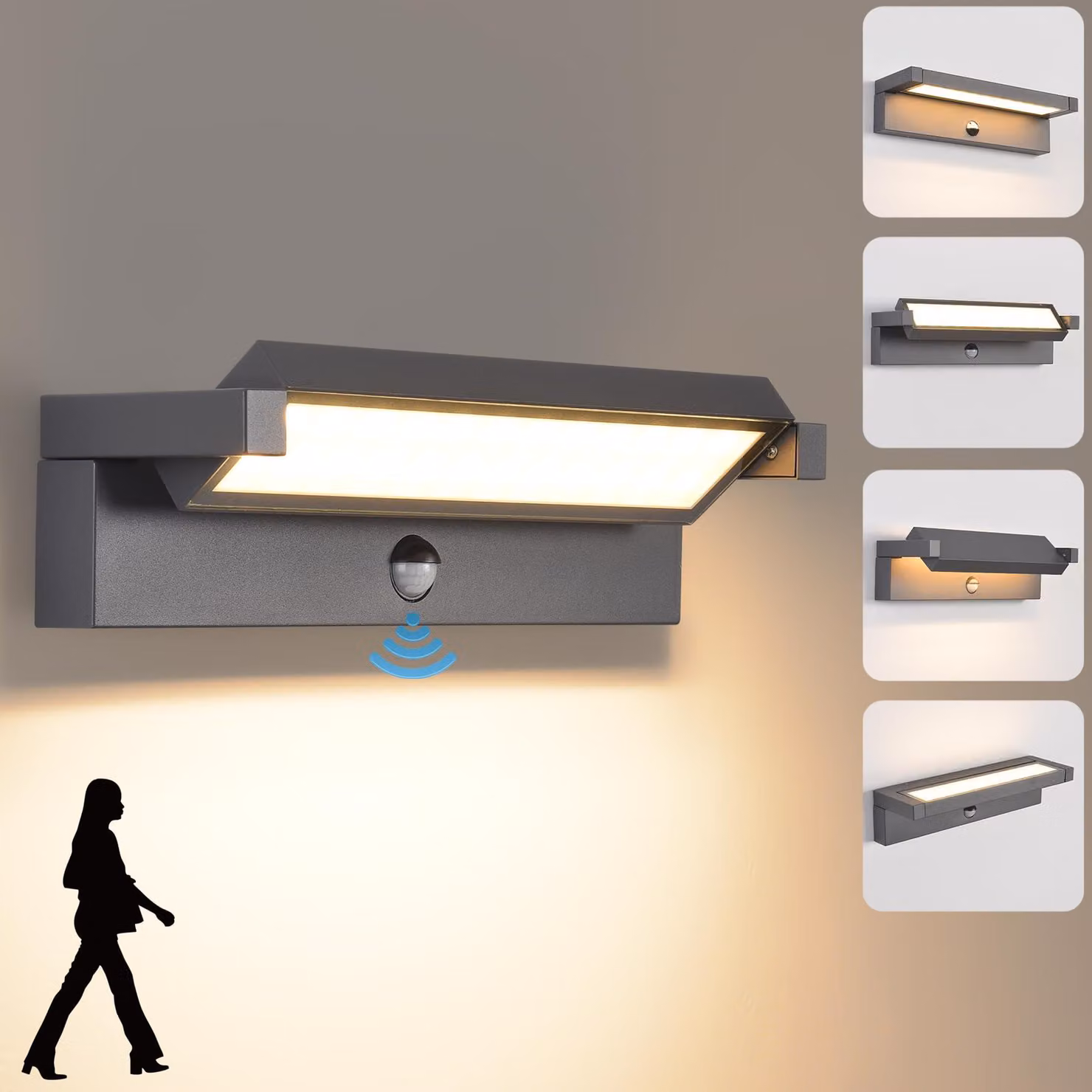 Lampada da parete a LED, 36 W, con sensore di movimento, 3000 K, color grigio scuro