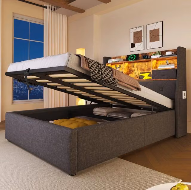 Letto singolo imbottito 90x200 cm con contenitore idraulico, illuminazione LED e 4 porte di ricarica USB/Type-C, tessuto di lino grigio, rete a doghe inclusa (senza materasso)