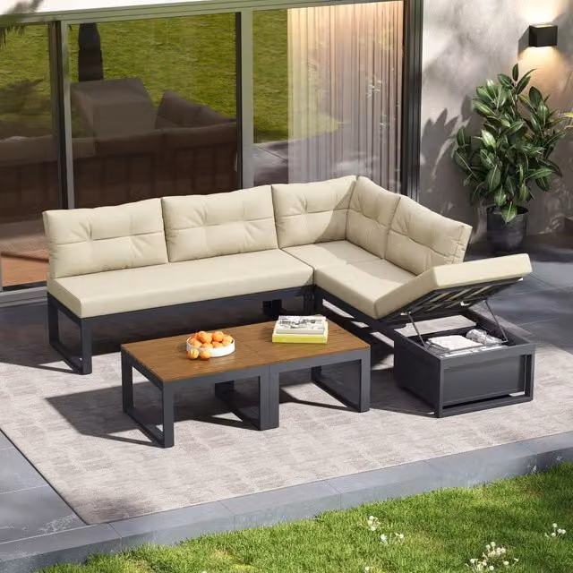 Divano Modulare REDOM a L con Vano Contenitore e Funzione Letto, Beige, L/P/H: 191,5 x 191,5 x 79 cm