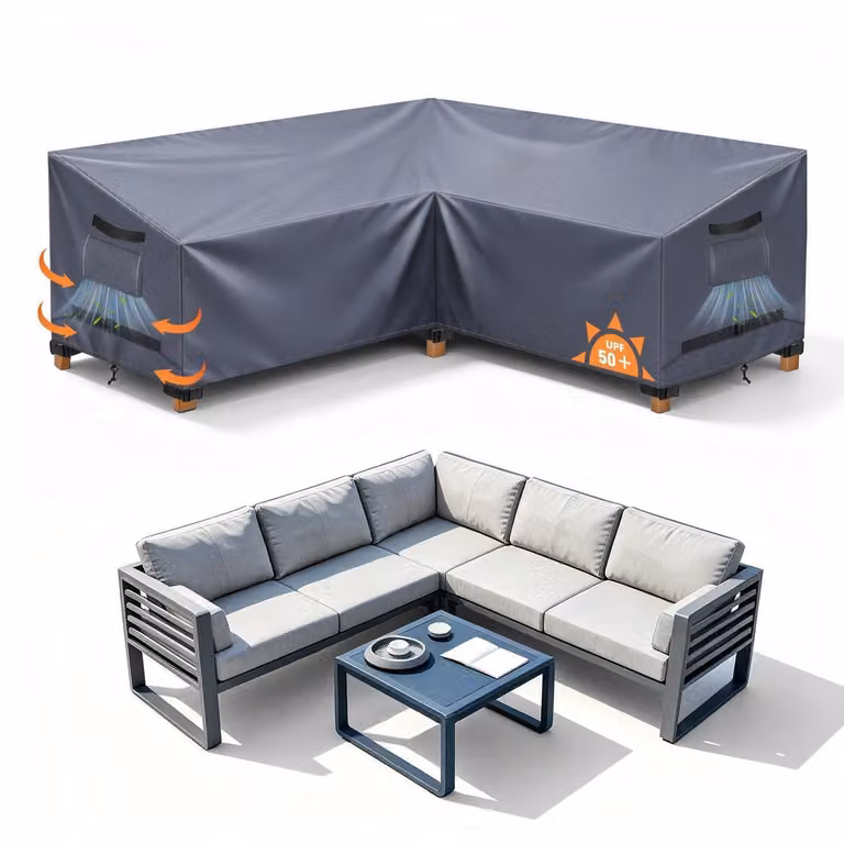 Copertura per mobili da giardino, divani da esterno a forma di L, impermeabile, dimensioni 225x225x90x80/70 cm, colore grigio