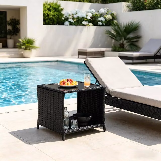 Tavolino da giardino Minimal in polyrattan grigio con spazio di archiviazione e piano in vetro, L 40 x P 40 x H 45 cm – 1
