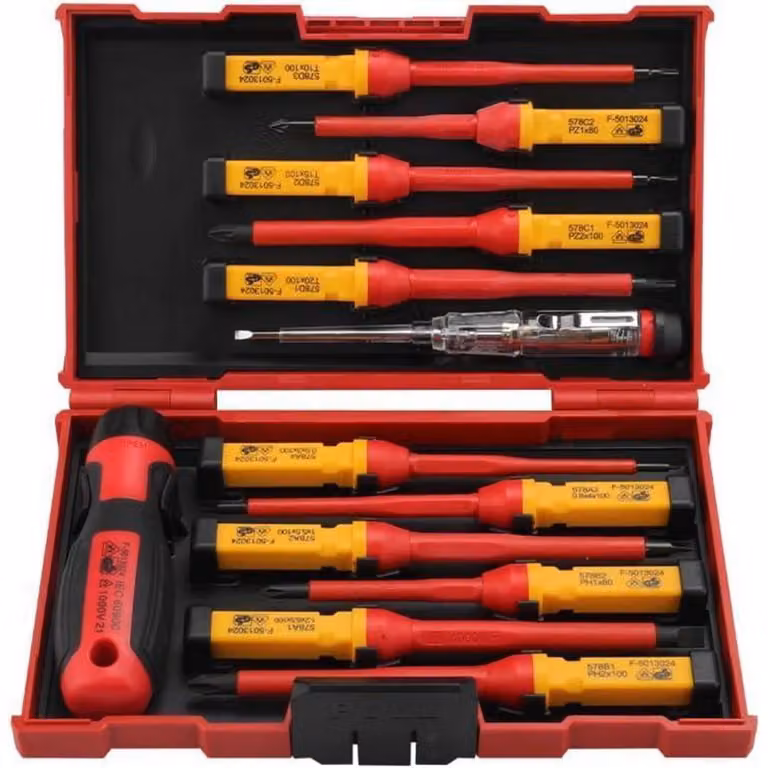 Set di cacciaviti da 13 pezzi con tester di tensione VDE, per elettricisti, con punte a taglio diritto, a croce (PH), a croce pozzo (PZ) e a taglio T, in custodia in plastica rossa e nera