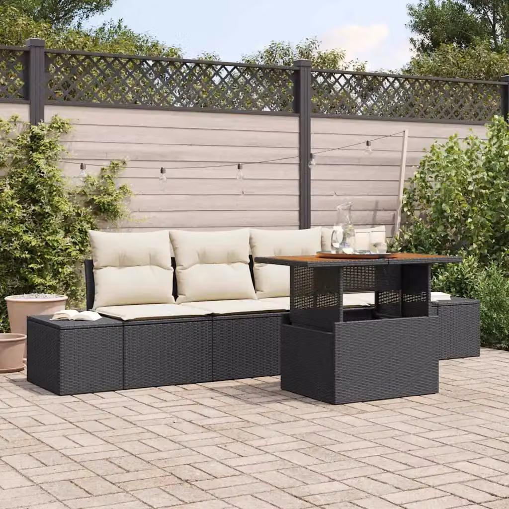 Set Divano da Giardino vidaXL 5 Pezzi in Polyrattan Nero con Cuscini e Contenitore per Archiviazione – 1