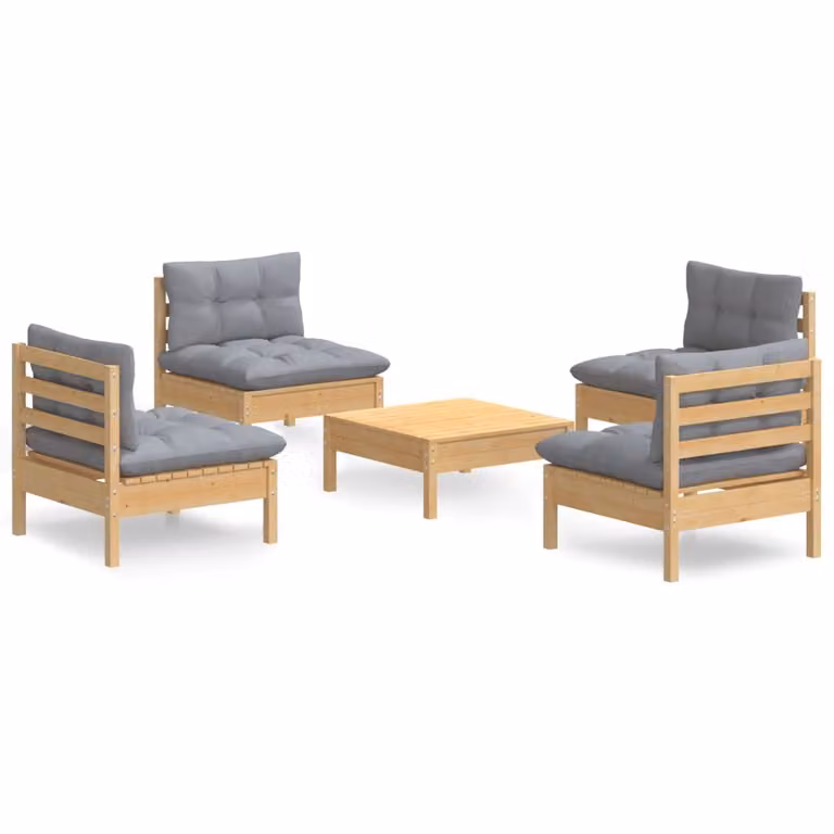 Set Divani da Giardino 5 pz con Cuscini Grigi Massello di Pino