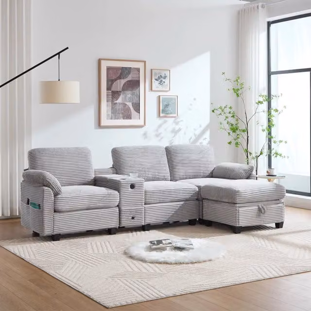 Divano ad angolo in cord con console scorrevole, porta USB-C, tasche laterali e pouf contenitore grigio chiaro