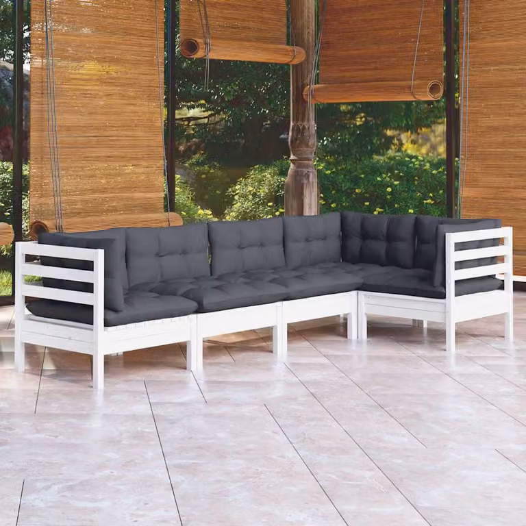 Set di divani da giardino vidaXL a forma di L in legno di pino con cuscini bianchi