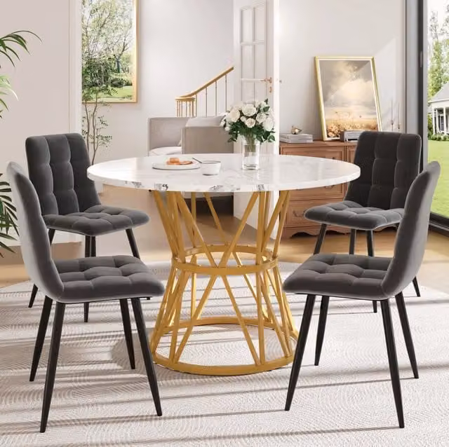 Set tavolo da pranzo 5 pezzi rotondo 100 cm grigio e oro con 4 sedie in velluto