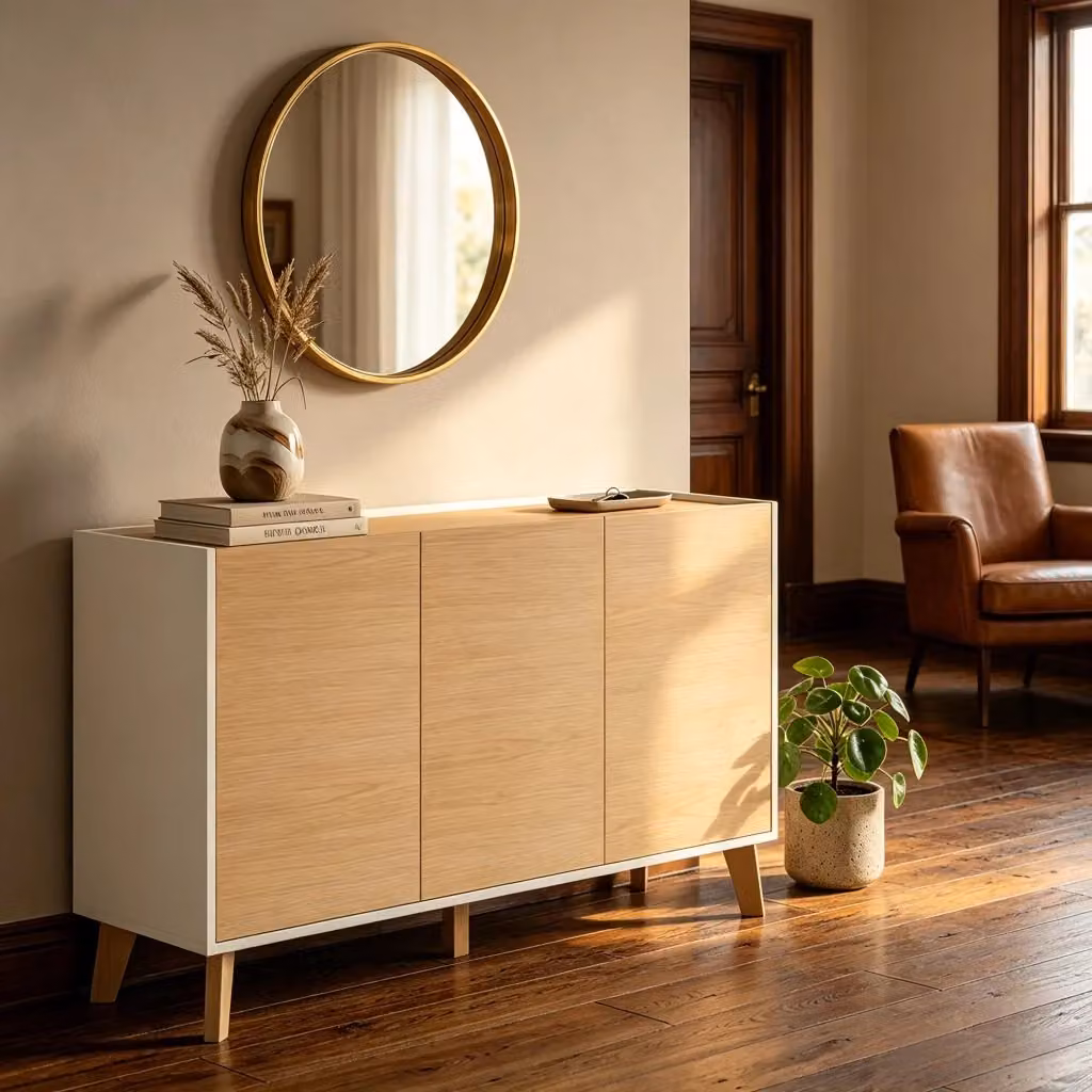Credenza in stile scandinavo Mivray con 3 ante e 6 vani, colore bianco e beige, L 120 x P 35 x H 73.5 cm – 2