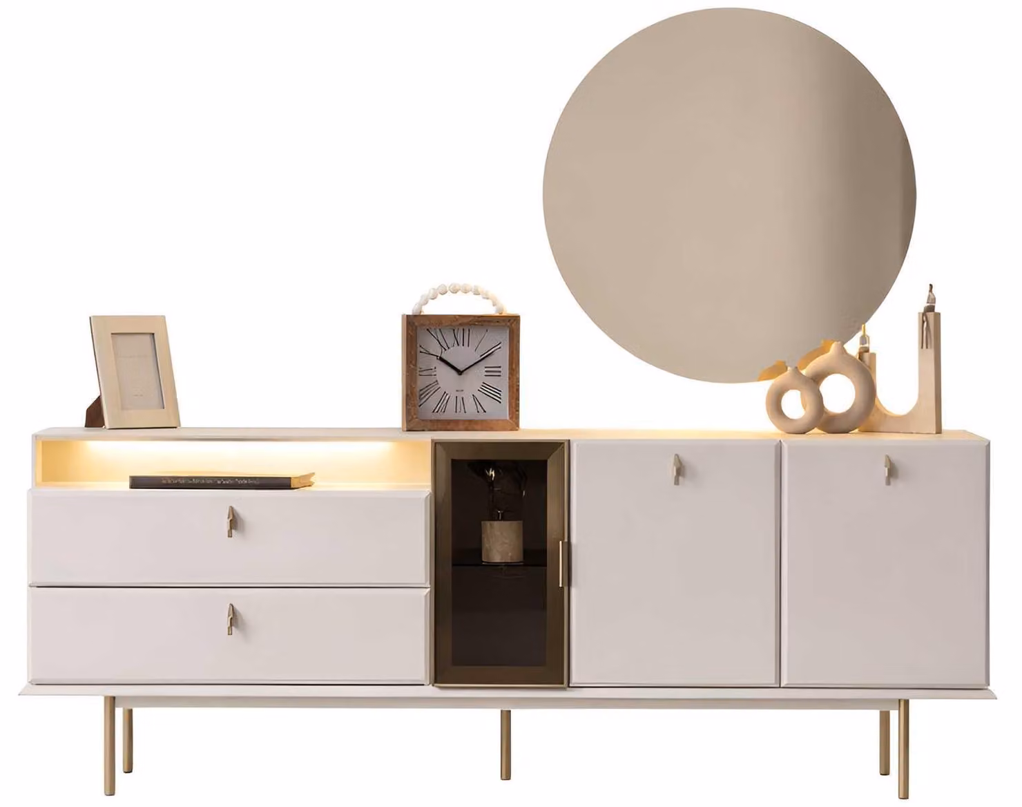 Credenza con specchio per sala da pranzo, stile moderno, colore beige, illuminazione, vetro, nuova